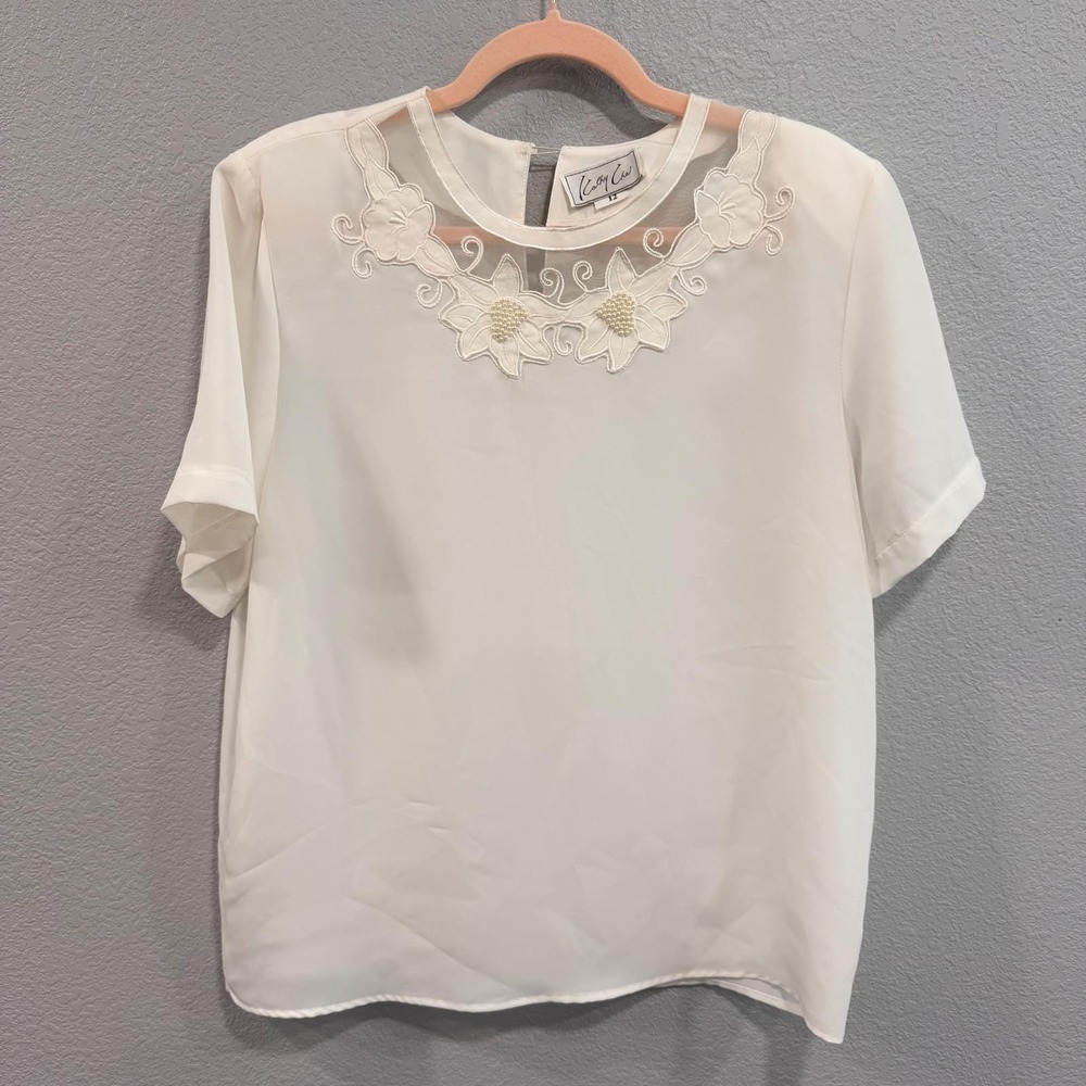 VTG Kathy Che Womens 12 Ivory Floral Embroidered‎ Pearl Mesh Neckline Blouse